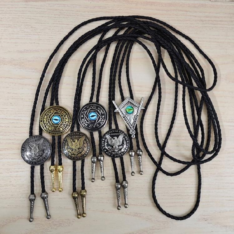 Faux Leather Bolo Tie Necklace with Tribal Elements Devil Eye Pendant Necktie for Western Parties and Everyday Wear