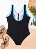 Plus Size Black & Blue Color Block Swimsuit with Front Zipper – Slimming, Waist-Cinching, Tummy-Concealing for Hot Springs