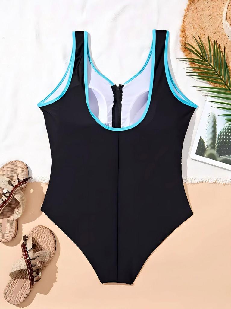 Plus Size Black & Blue Color Block Swimsuit with Front Zipper – Slimming, Waist-Cinching, Tummy-Concealing for Hot Springs