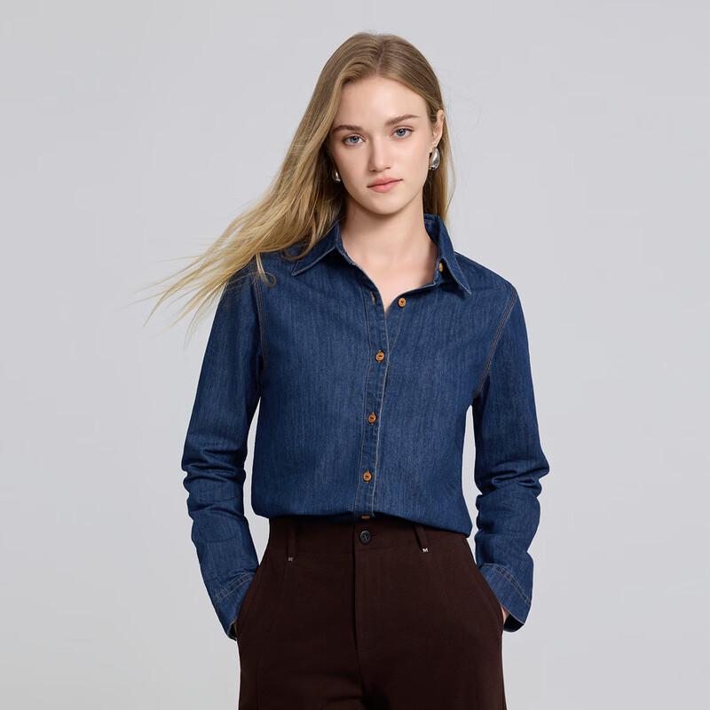 Shetu Women s Long Sleeve Washed Denim Shirt M