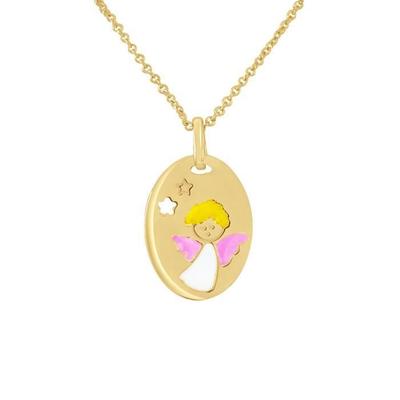 Children's Pendant - LÉA &; ARTHUR - PINK ANGEL - 375 Yellow Gold - Pink Enamel - 18x10 Mm