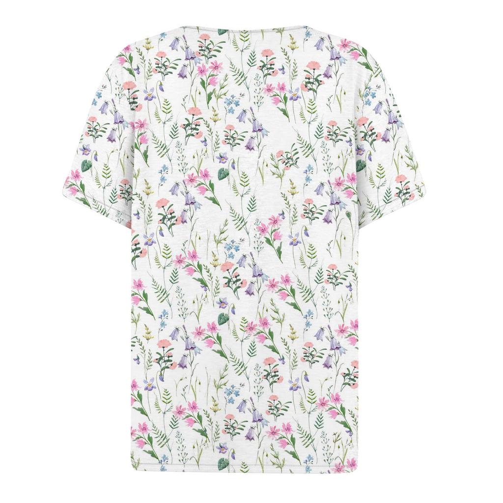 Damen-T-Shirt, T-Shirt, bedruckt, Knopfleiste, kurzärmelig, für den Alltag, Wochenende, modisch, Basic, V-Ausschnitt, normales Oberteil