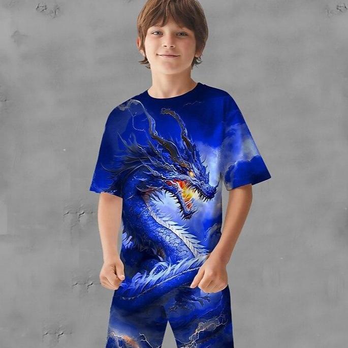 Sommer Rundhals 3D Drachenmuster Bedrucktes Top Modische Lässige Kurzarm Kinder Jungen T-Shirts 110 blue