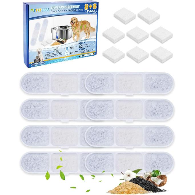 8+8 Pack Dog Water Fountain Replacement Filters Compatible with MAILOFY Dogs Water Bowl Dispenser WF530 9L/2.4GaL, Large Dog Fountain Bowl Filter for