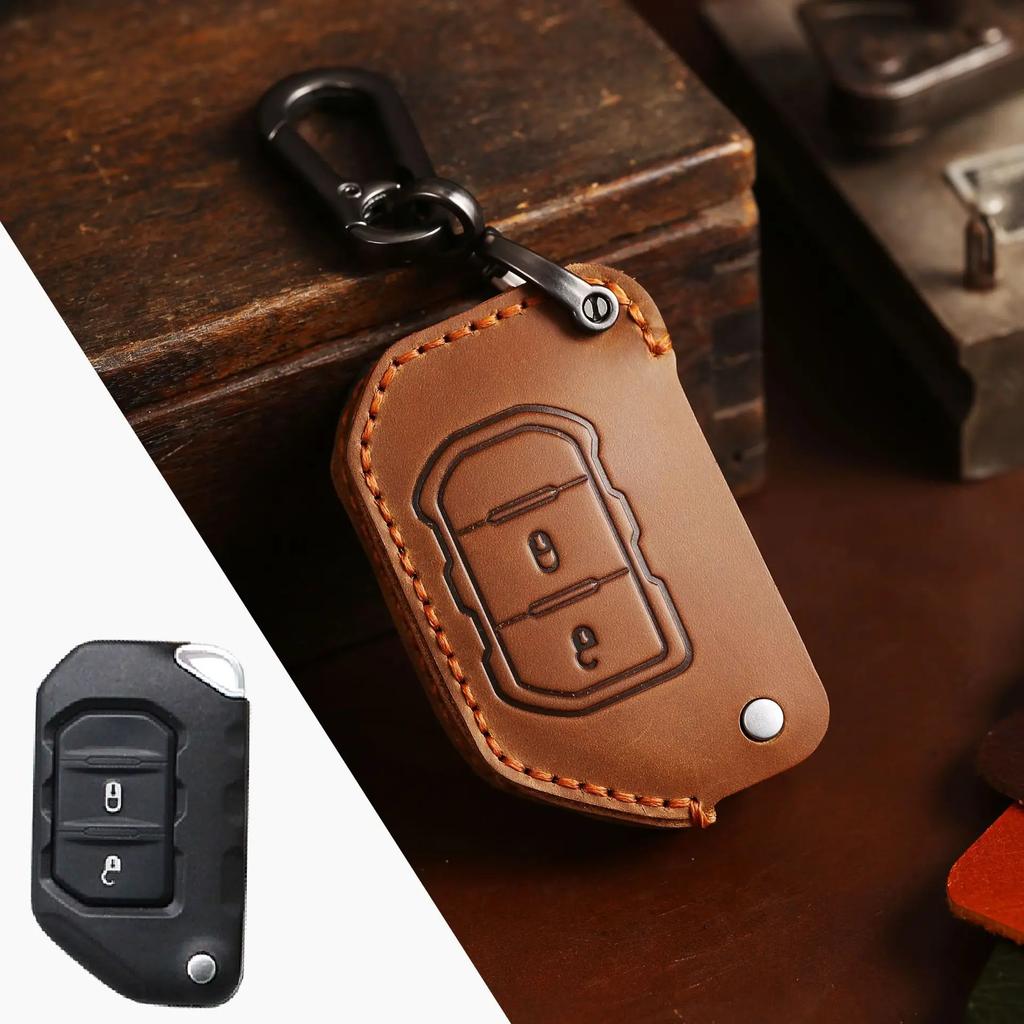 Leather Protector Cover Shell Holder Bag Set for Jeep Wrangler JL JLU Folding Flip Remote Car Fob Key Case Keychain Accessories
