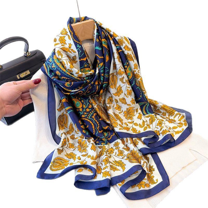 Printed Imitation Silk Brocade Fashion Sunscreen Retro Style Silk Scarf Long Scarf Shawl Versatile Headscarf Scarf