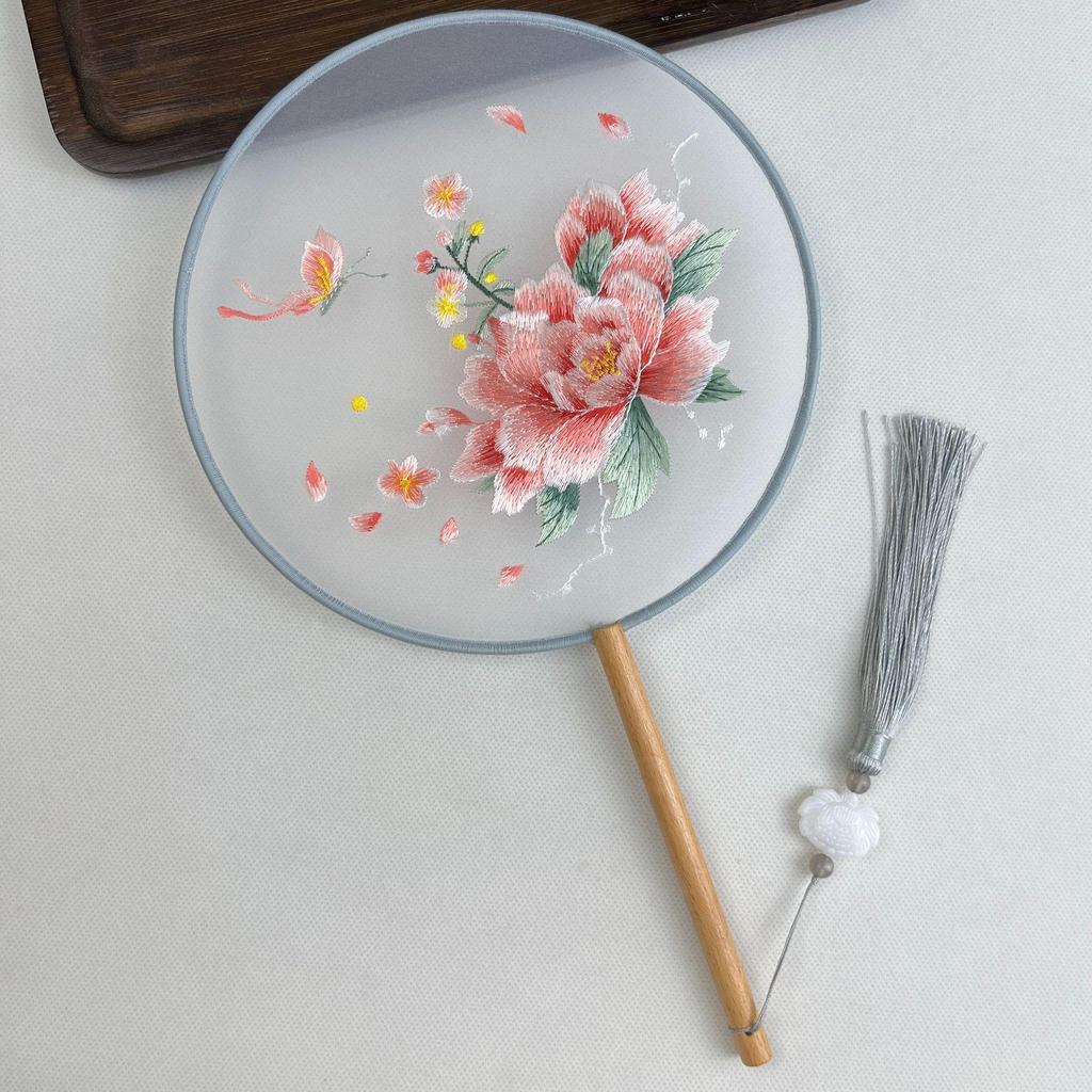 Ancient Chinese Round Hand Fan: Suzhou Double-Sided Embroidery with Peony Design for Hanfu Dance