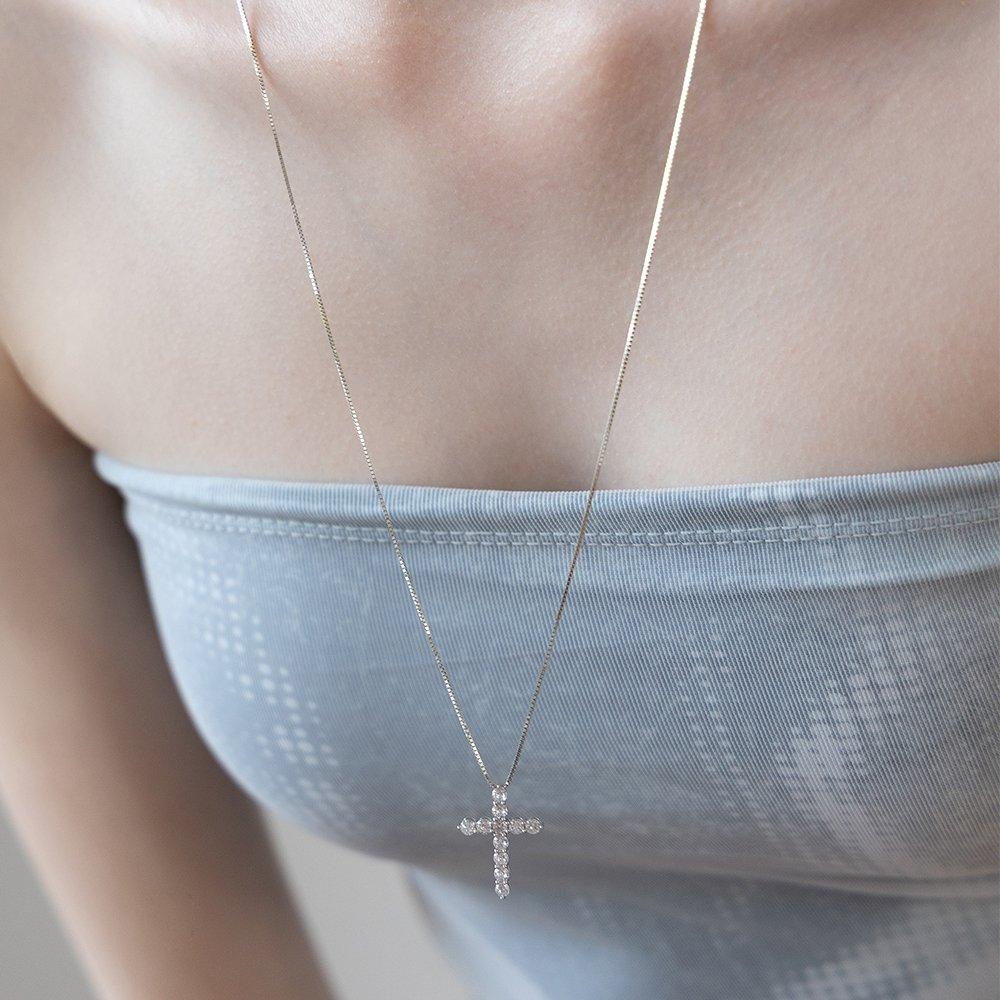 (92.5 Silver) Cubic Cross Pendant Long Necklace Nz2484