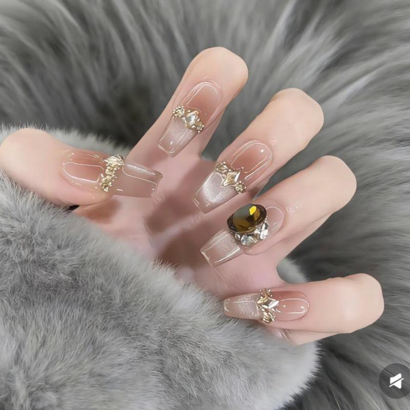 Luxury Rhinestone Press-on Nails, Translucent Gray Nude Base, Banquet Style, Detachable Nail Art Stickers