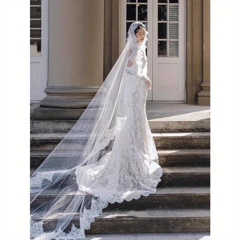 1pc Romantic, Lightweight 3 Meters Lace Trim Bridal Wedding Veil, Elegant for Outdoor, Lawn, Church Wedding Photography