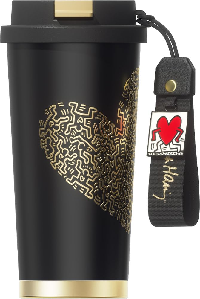 

GERM x Keith Haring Coffee Tumbler 500ml Vacuum Insulated Mug Made from 316 Stainless with Lid and Keeps Drinks Hot and Dishwasher Great Gift чёрный