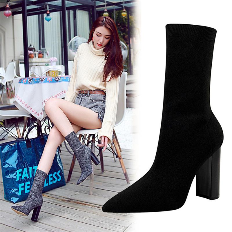 Autumn Fashion Simple Metal Color Square Heels Socks Boots Women Stretch Fabric Elastic Pointed Toe Shoes Ankle Boot