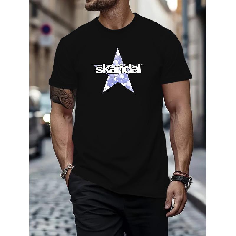 

European sizes Men s Casual Comfy Summer T-shirt - Letters & Star Print Short Sleeve Crew Neck Tees As Gift 4XL чорний
