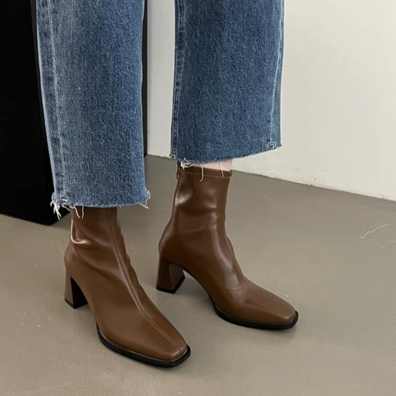 

Block Heel Single Boots Women s Square Toe Rear Zip Anti-Slip Wear-Resistant Heel Booties 40 коричневый