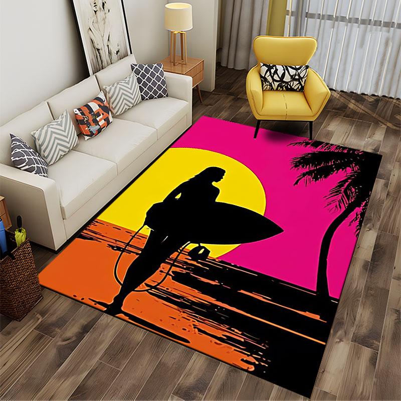 Surfer Silhouette Sunset Scene suitable as a non-slip mat for the living room or bedroom sofa