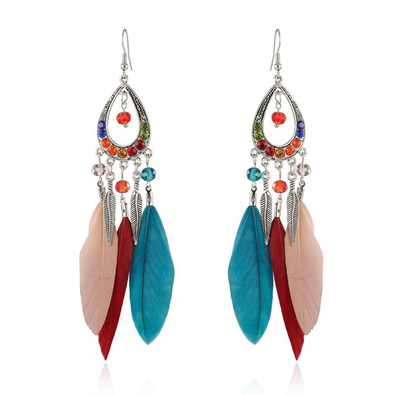 Bohemian Women Handmade Earrings For Female Colorful Long Feather Crystal Drop Tassel Dangle Earring Ladies Boho Jewelry Gift