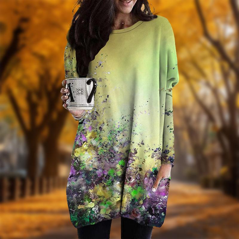 New In Autumn Oil Painting Flowers Print Plus Size Dress Women O'neck Long Sleeves Casual Pocket Dresses