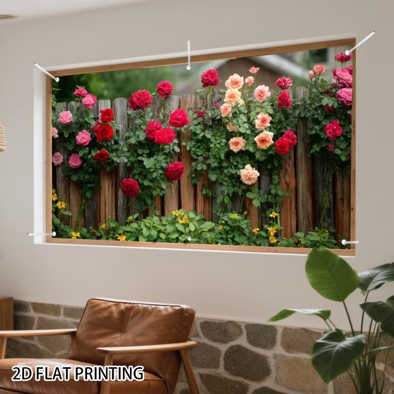 2D Romantic Rose Vine Fence Backdrop, Natural Garden Scene Garage Door Cover for Party Decoration
