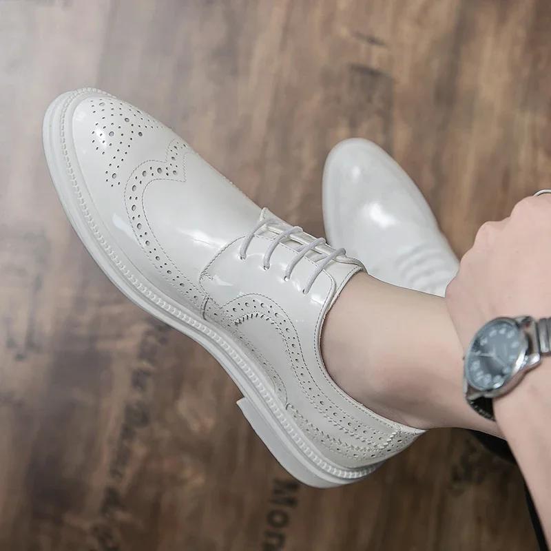 Fashion Luxury Brand Oxford Shoes Thick Soled Formal White Groom's Wedding Leather Shoes Low Heel Lace Up Loafers Pointed Derby Shoes