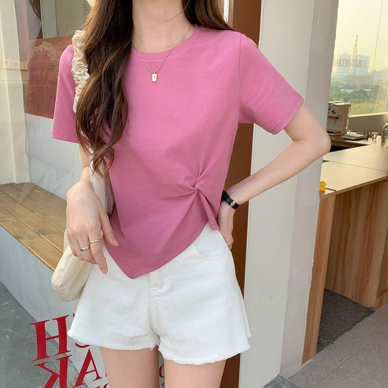 

Short Scheming Design Slim Base Shirt Solid Color Top for Women Summer High Waist Navel Exposed Irregular Short-sleeved T-shirt for Women One size розовый