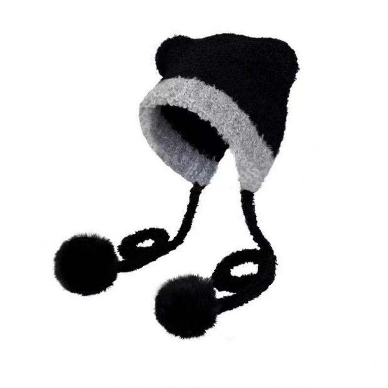 Cute color matching teddy velvet bear ears straps women's winter warm ear protectors knitted wool hat