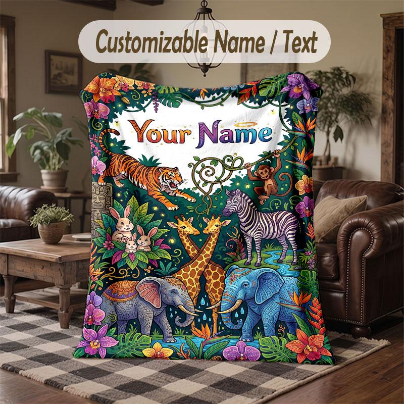 Wildlife Animals Theme Throw Blanket Custom Name Text Personalized Blanket Soft Cozy Blanket for Home Sofa Bed