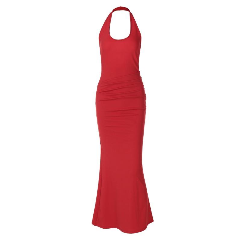 Women's Sexy Temperament Deep V Hollow Halter Slim Solid Color Sleeveless Buttock Dress