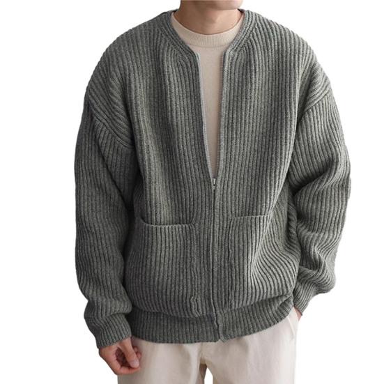Bărbați, toamnă, iarnă, culoare solidă, cardigan, haină, fără guler, cu mânecă lungă, fermoar, buzunar, tricotat, pulover