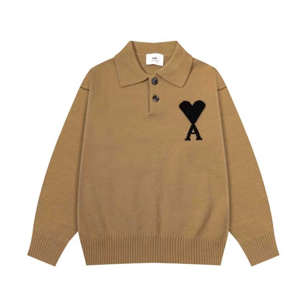 8199 AMI Autumn and Winter White Heart-shaped Jacquard Alpaca Wool Blended Loose Sweater Polo Collar Men Pullover Sweater