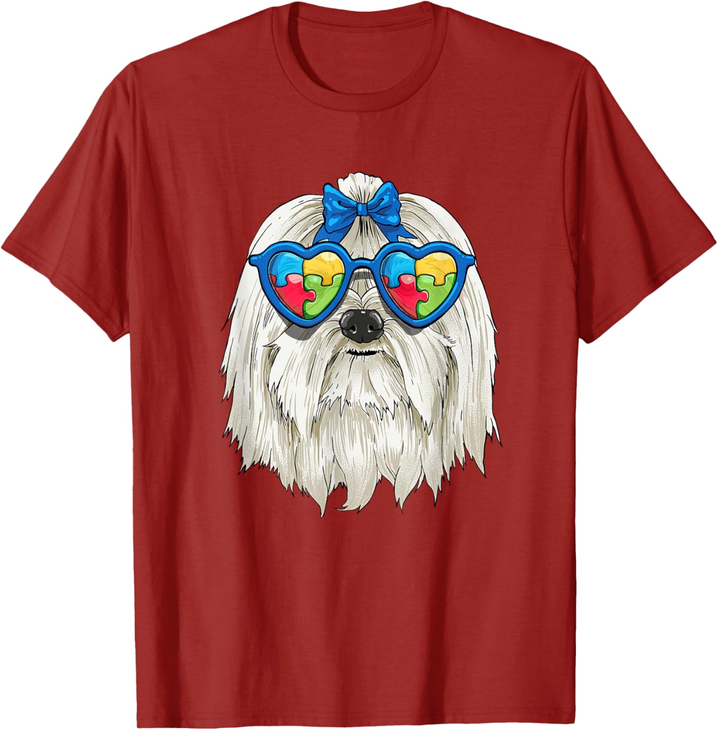 Maltese Dog Autism Awareness Puzzle Sunglasses Graphic Tee Casual Cotton T-Shirt S