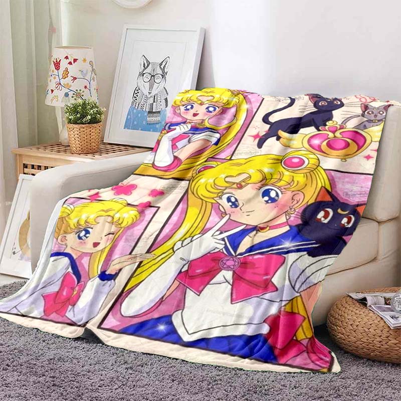 HD S-Sailor M-Moon Flannel Throw Blanket 3D Cartoon Print Soft Warm Lightweight Sofa Bed Cover Girls Bedroom Travel Decor Gift