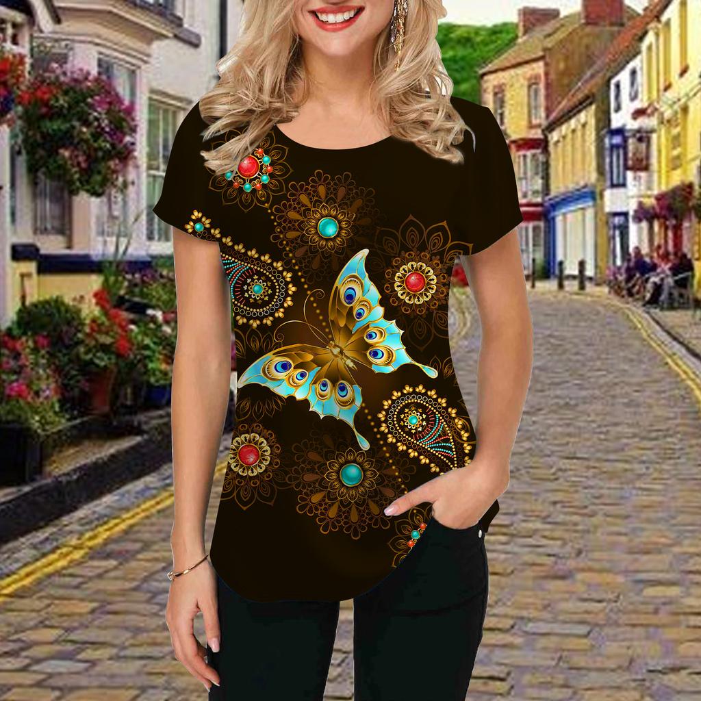 Fashion Women Colorful Hollow Butterfly Print T Shirt Funny Casual O-neck Short Sleeves T-shirt Summer Female Tee Shirt