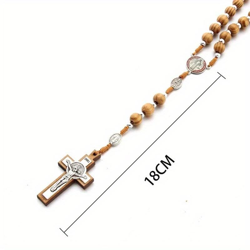 Hand-woven Exorcism Rosary Wood Beads Alloy Benedict Retro Prayer Cross Rosary Car Decor