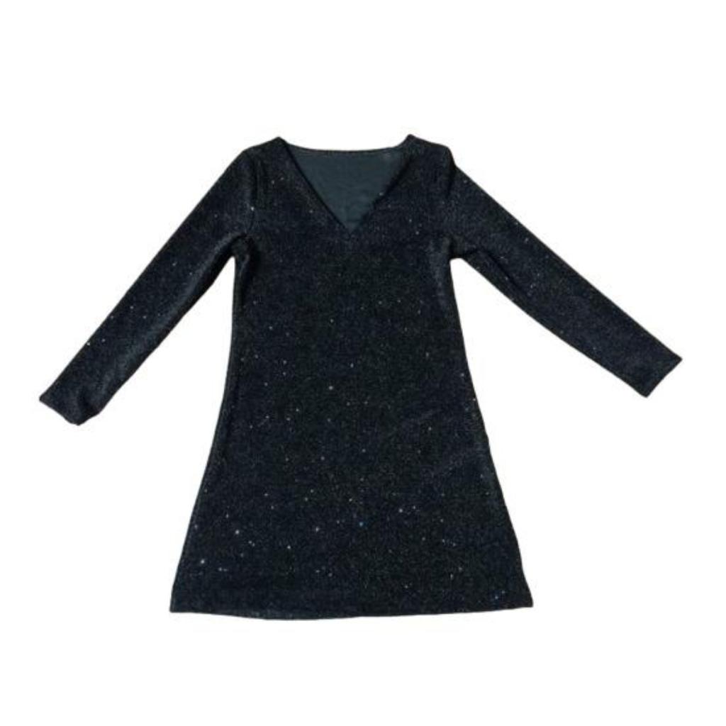 Damen-Kleid, langärmelig, glänzend, einfarbig, Pailletten, locker, A-Linie, V-Ausschnitt, weich, atmungsaktiv, Pullover, elastisch, über dem Knie, Länge, Party, Club, Mini