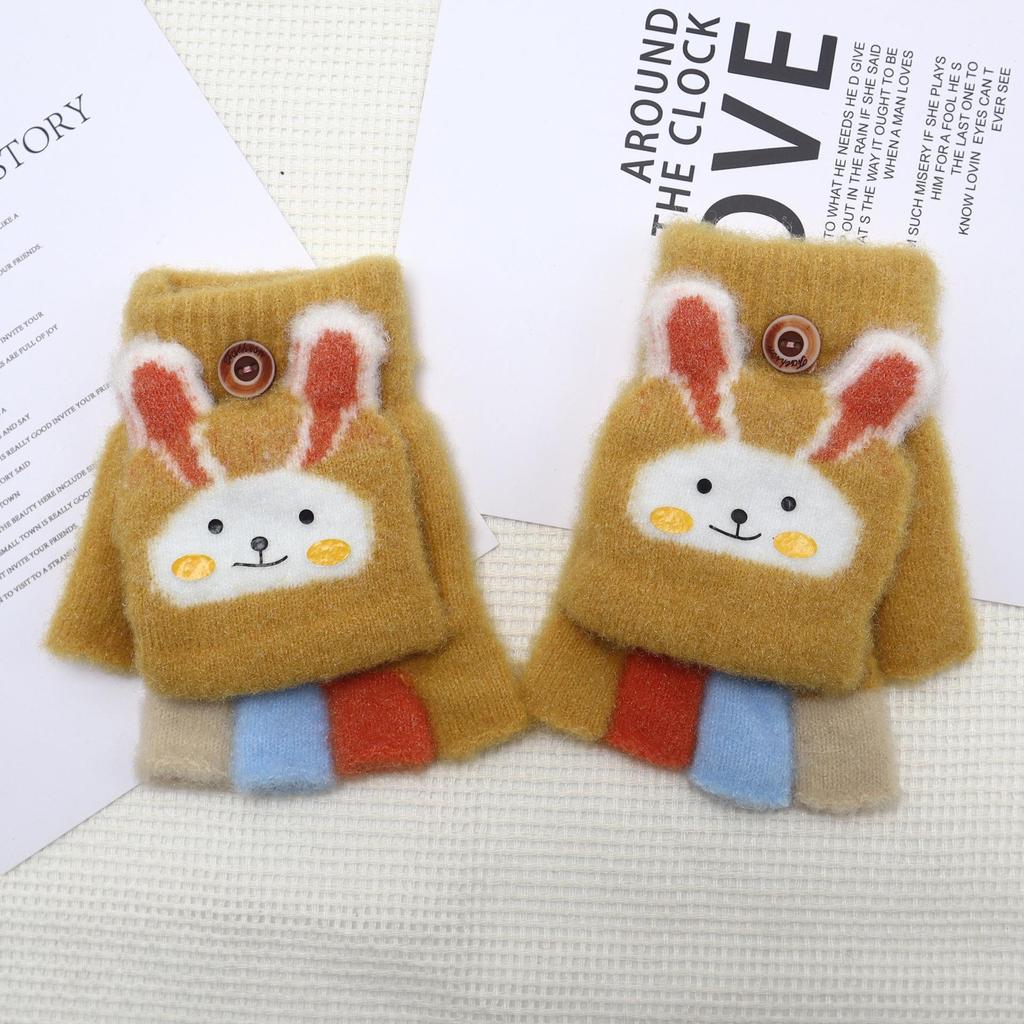 Dicke Winter-Halbfinger-Klapphandschuhe für Kinder mit Kaninchen-Cartoon-Design zum Schreiben und Spielen