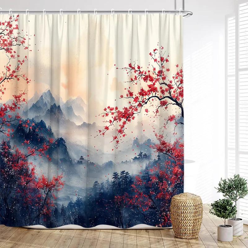 Japanese Style Landscape Shower Curtain Ink Mountain Cherry Blossom Pavilion Lake Asian Art Bath Curtains Home Bathroom Decor