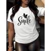 Short-Sleeved Crew Neck T-Shirt for Women Featuring Black And White Lettering, Along with Smiling And Butterfly Designs, Ideal for Family Outfits