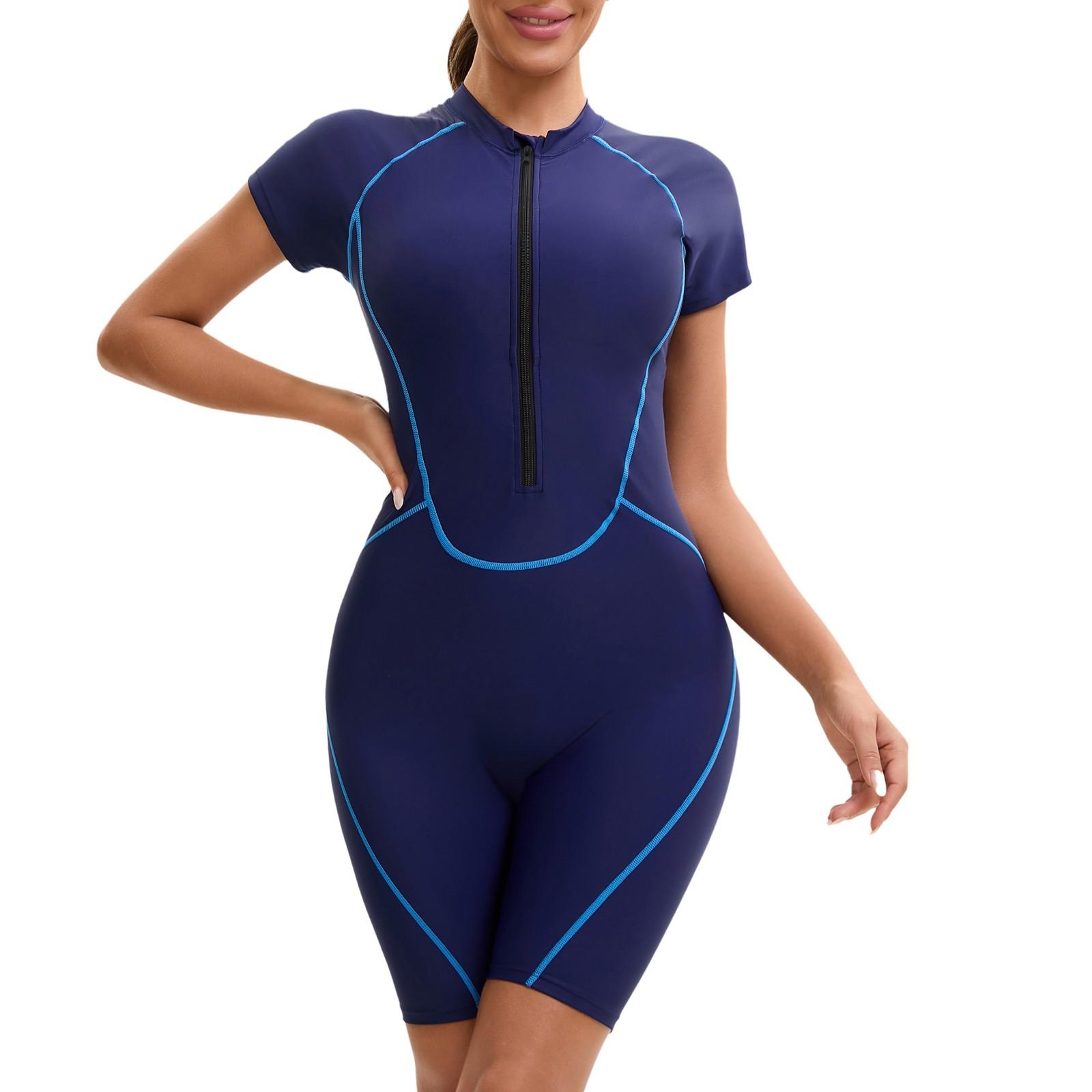 

Женский слитный купальник с короткими рукавами на молнии и плоским углом, женские плавки с тремя точками и подкладкой для груди L синий