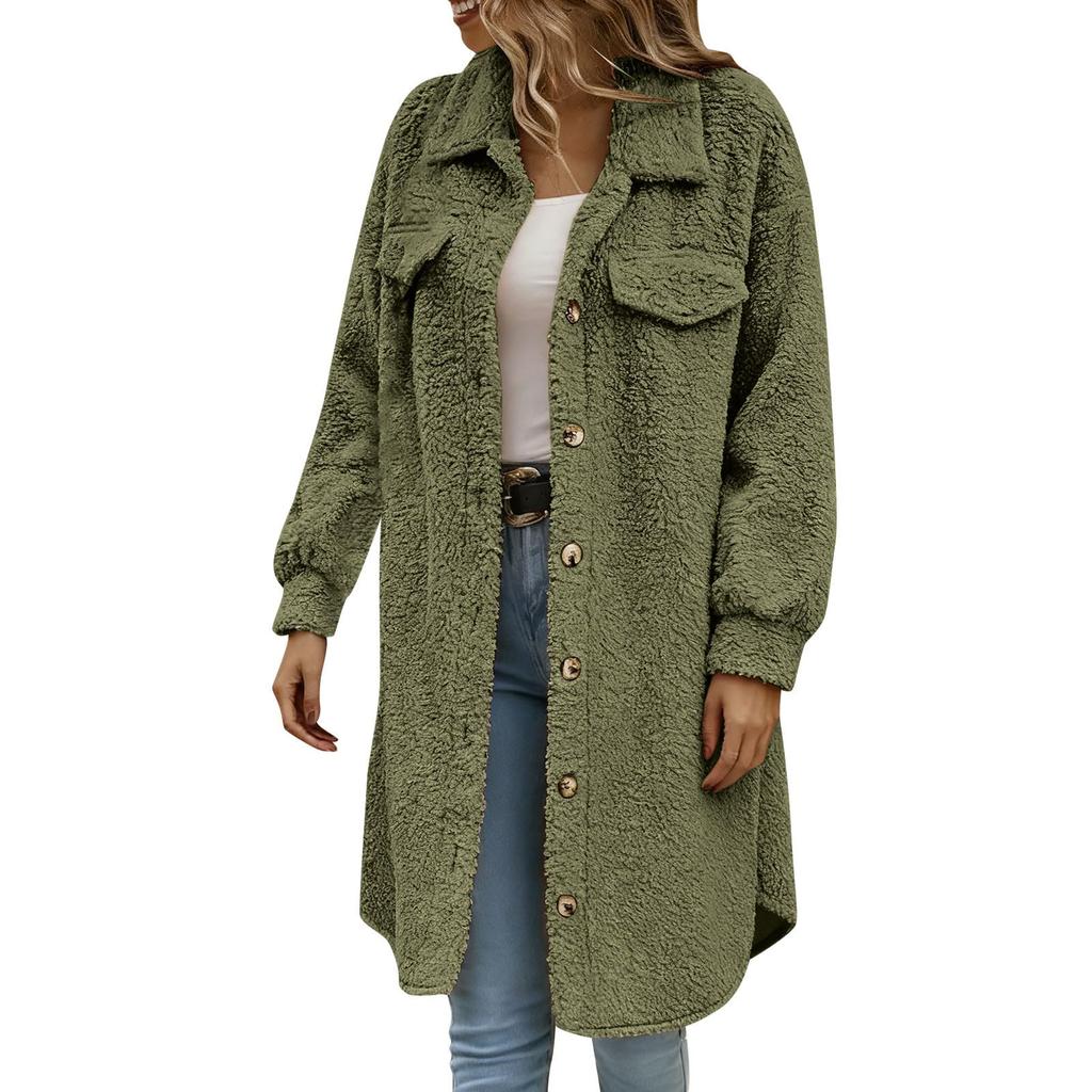 Damen Modische Einfarbige Langärmelige Reversknopf Plüsch Warme Lockere Jacke