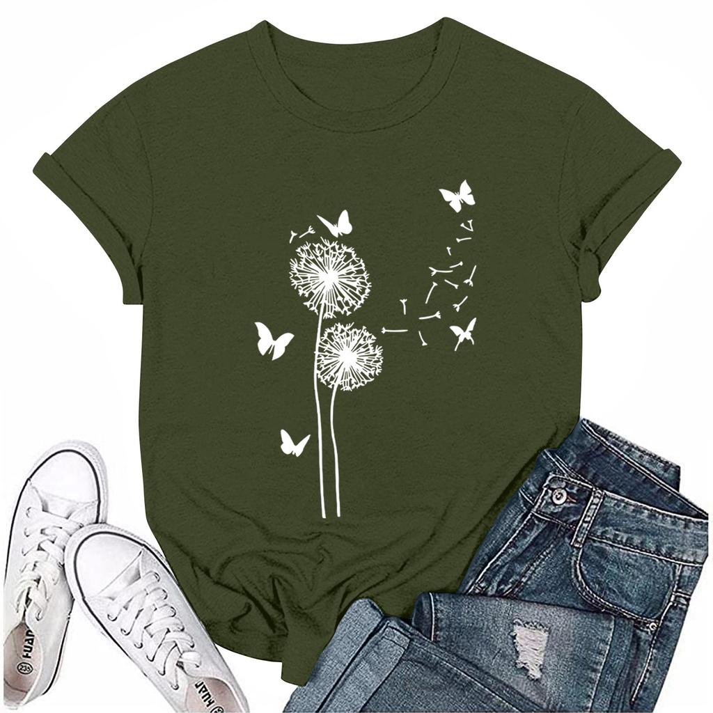 Ladies' Loose Comfortable Casual Fashionable Plant Flower Printed Round Neck Short Sleeved Shirt