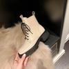 Krazing Pot Cow Leather Winter Shoes Thick Med Heels Handsome Lace Up British School Platform Women  Ankle Boots