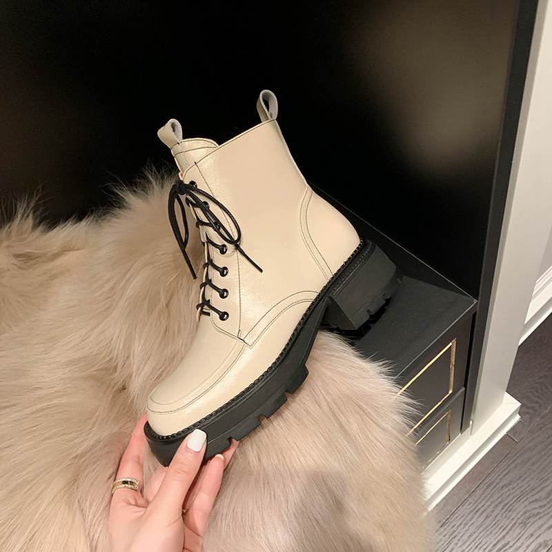Krazing Pot Cow Leather Winter Shoes Thick Med Heels Handsome Lace Up British School Platform Women Ankle Boots