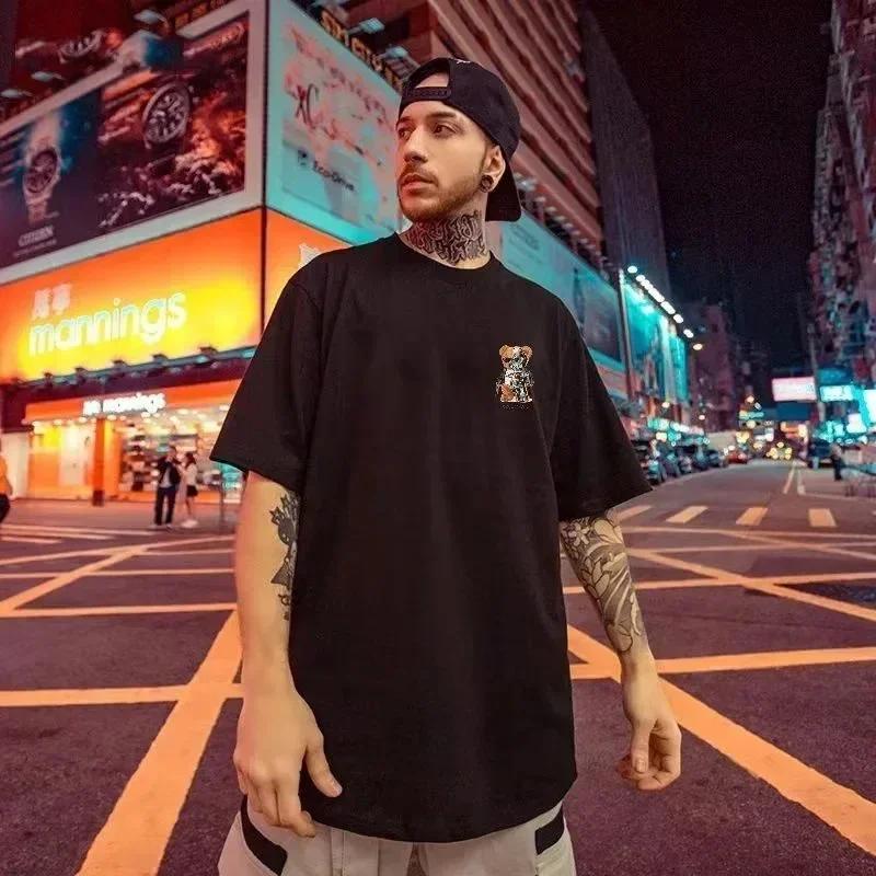 American Vintage Diamond Skeletal Bear Print Tee  Men Oversized Fashion T-shirt Loose Versatile Trend Couple Outfit