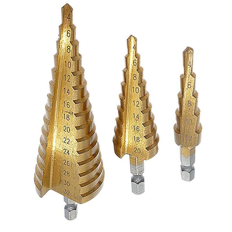 Versatile 3 Pcs 4-12/20/32mm Large Hss Steel Step Cone Drill Titanium Bit Hole Cutter Set For Various Materials