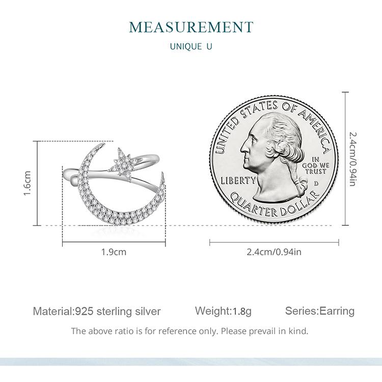 BAMOER 1PC 925 Sterling Silber Stern und Mond Ohr Manschette Pave Fassung CZ Glänzende Ohrclip für Frauen Geburtstagsgeschenk Feiner Schmuck