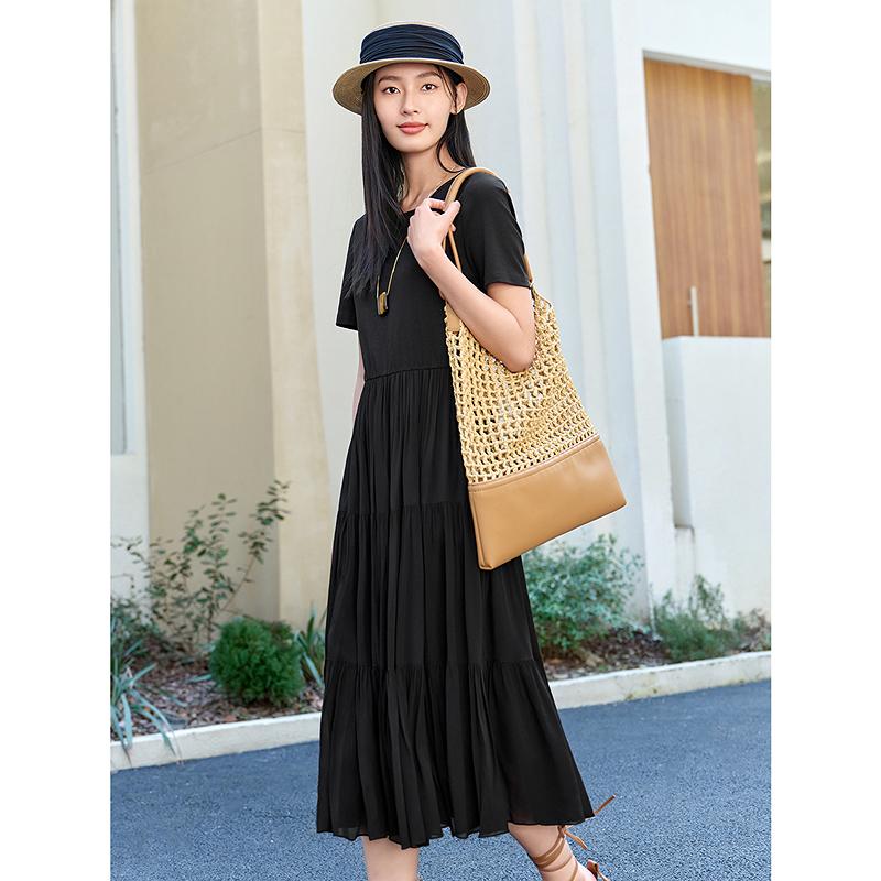 Jiuzi Anna Kou Elegant Temperament Needle Shuttle Splicing Waist Slimming Dress