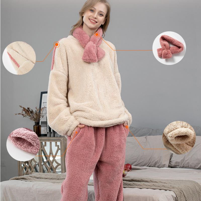 Thicken Coral Fleece Pajamas Set Women Winter Warm Vintage Casual Kawaii Sweet Girl Suit Homewear Plus Size Two-piece Suit Chic