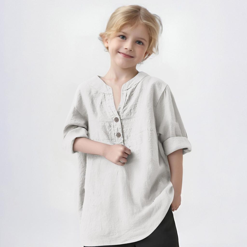 Kinder Baumwolle Hanf Stehkragen Aufrollbar Langarm Rundhals T-Shirt Unifarben Alltäglich Lässiges Hemd