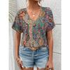 Casual V-neck Short Sleeved Top with Western Style Trend Printed Loose Women's T-shirts