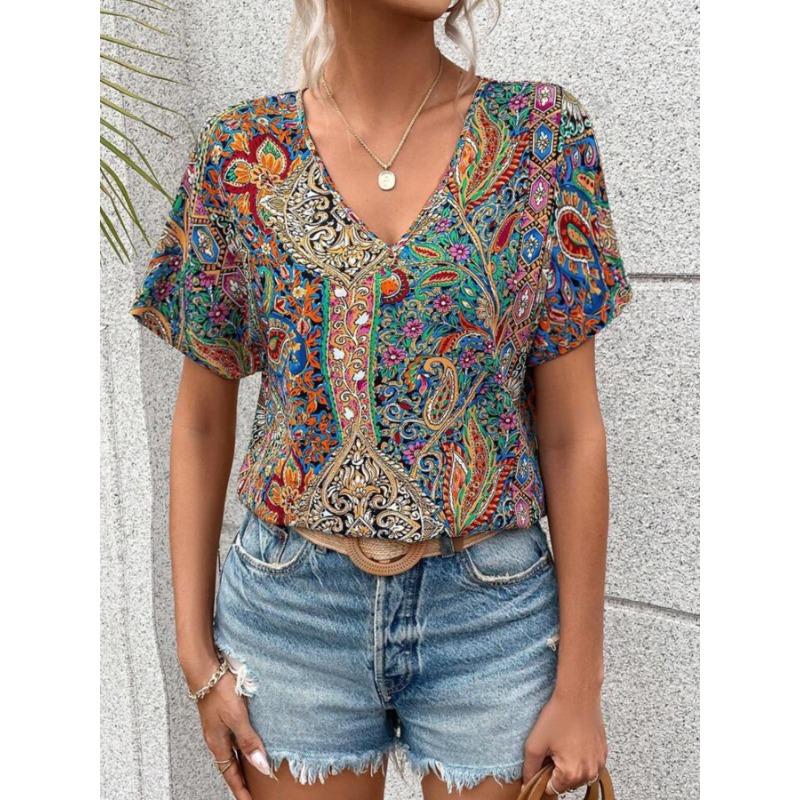 Casual V-neck Short Sleeved Top with Western Style Trend Printed Loose Women's T-shirts